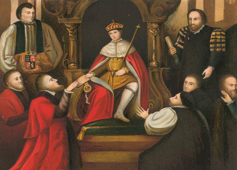 Kuningas Edward VI vahvistaa isänsä lahjan Christs Hospitalin Lontoon Citylle tekijältä English School