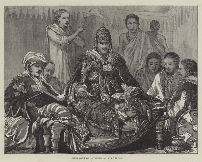 Abessinian kuningas Johannes valtaistuimellaan (kaiverrus) tekijältä English School