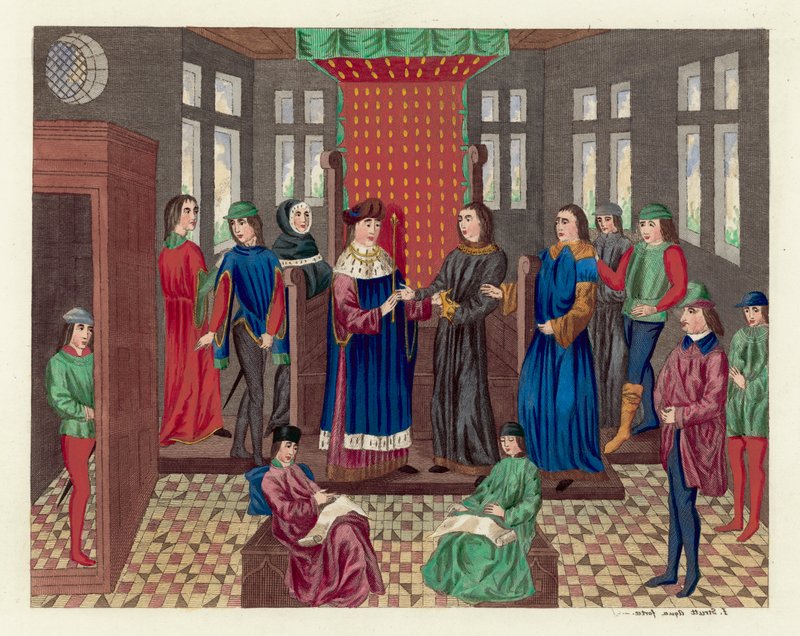 Kuningas Richard II eroaa kruunustaan ja valtiostaan (värillinen kaiverrus) tekijältä English School