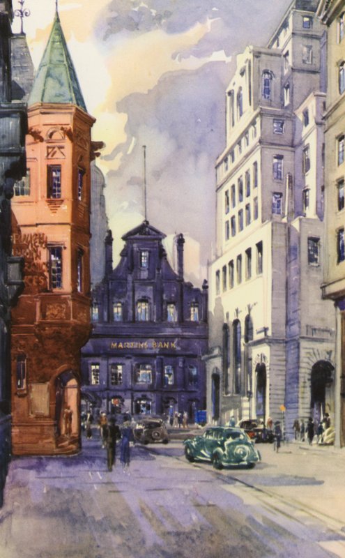 King Street, Manchester, kaupungin finanssikeskus (väri litho) tekijältä English School