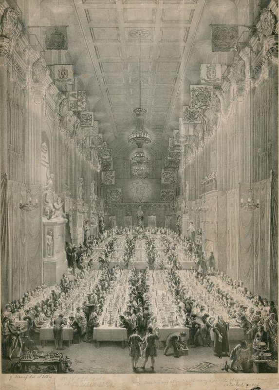 Kuningas William IV ja Adelaide Guildhallissa Lontoossa, 1834 tekijältä English School