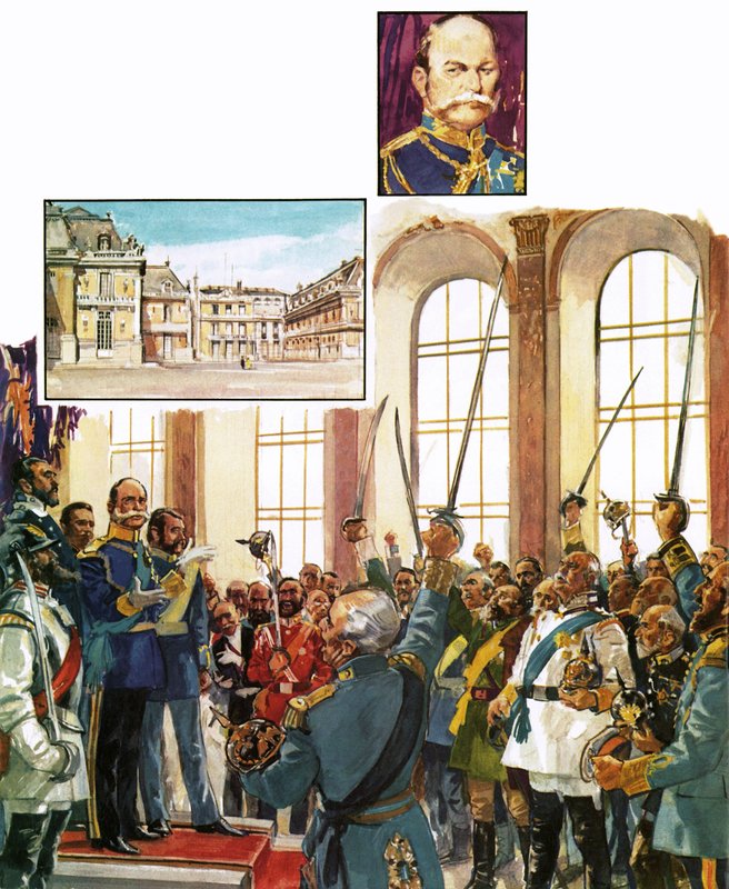 Preussin kuningas Vilhelm ilmoitti yhdistyneen Saksan imperiumin perustamisesta Versaillesin palatsiin tekijältä English School