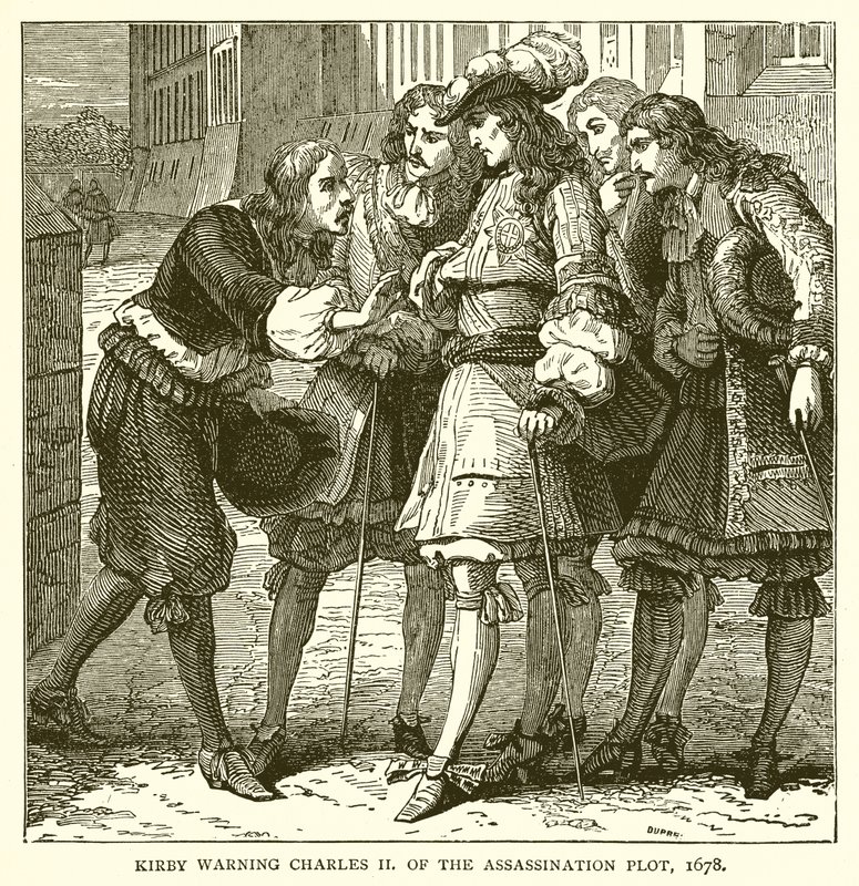 Kirby varoittaa Charles II:ta salamurhasuunnitelmasta, 1678 tekijältä English School