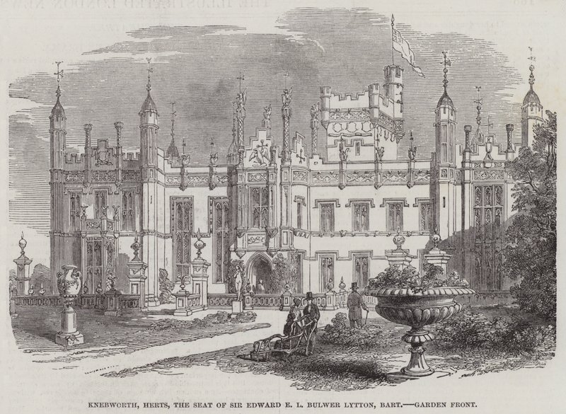 Knebworth, Herts, Sir Edward E L Bulwer Lyttonin istuin, Baronet, Garden Front (kaiverrus) tekijältä English School