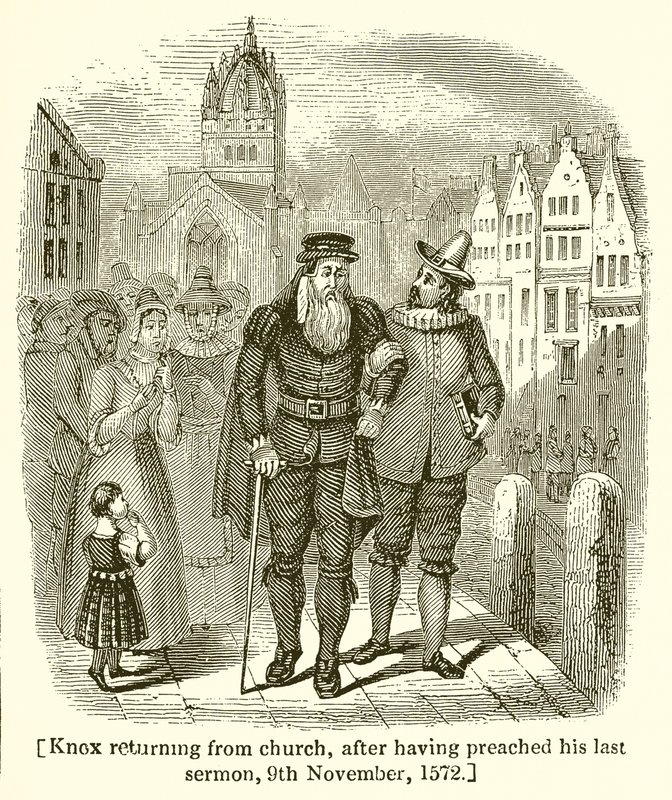 Knox palaa kirkosta saarnattuaan viimeisen saarnan 9. marraskuuta 1572 tekijältä English School