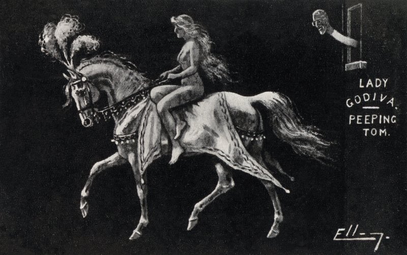 Lady Godiva ratsastaa alasti hevosen selässä Coventryn kaduilla piikivän Tomin (litho) katsomassa tekijältä English School