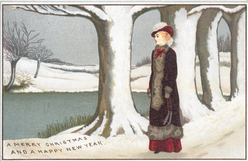 Lady seisoo järven rannalla, joulukortti tekijältä English School