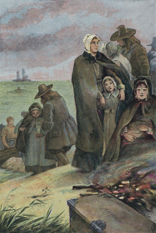 Pyhiinvaeltajien maihinnousu Amerikassa heidän matkansa jälkeen Mayflower-aluksella, 1620 tekijältä English School