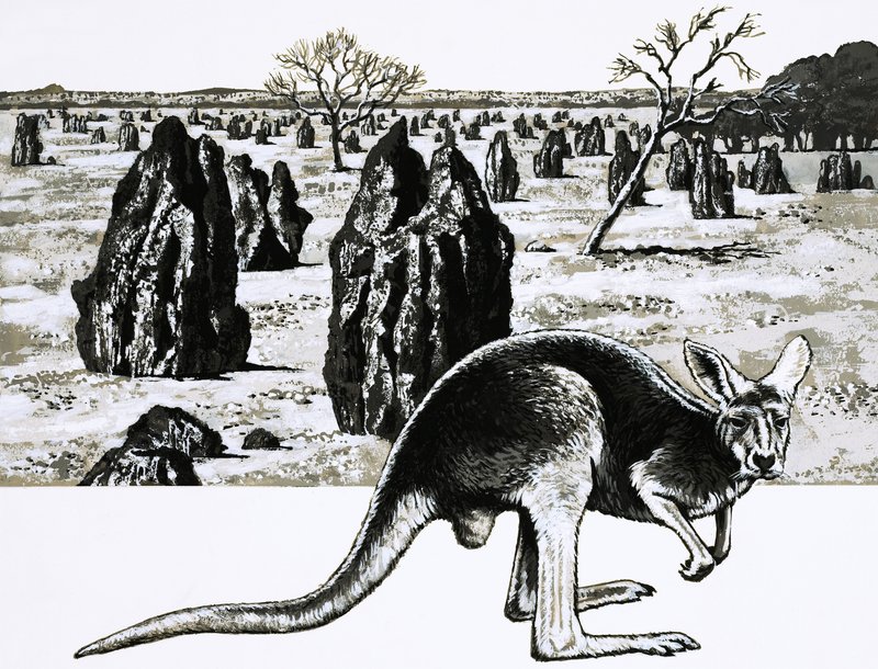 Suuret termiittikumput lähellä Darwinia Australiassa ja kenguru etualalla tekijältä English School