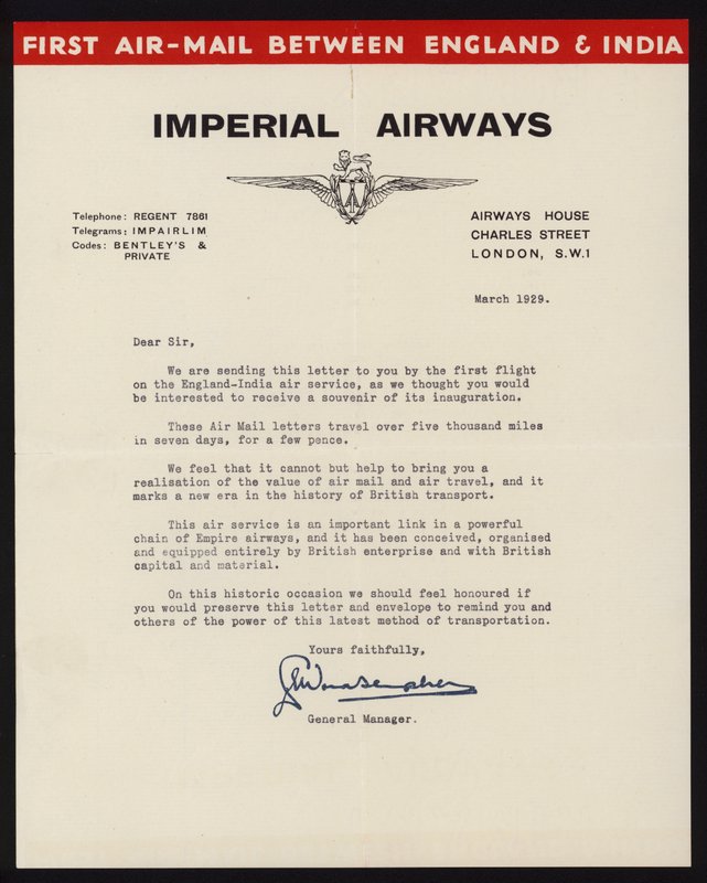 Imperial Airways aloitti ensimmäisen lentopostipalvelun Englannin ja Intian välillä maaliskuussa 1929 (litho) tekijältä English School