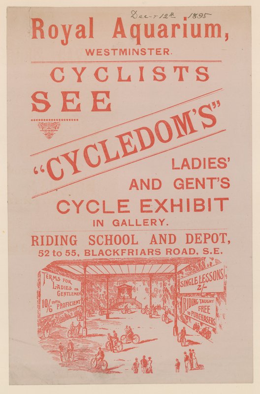 Esite, joka mainostaa Cycledoms Ladies and Gents Cycle -näyttelyä Royal Aquariumissa tekijältä English School