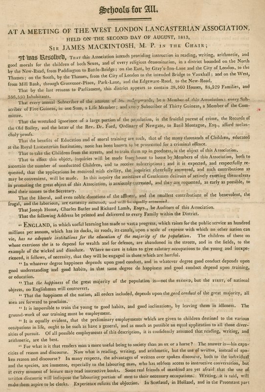 Esite, jossa selitetään Länsi-Lontoon Lancasterian Associationin päätös aloittaa lasten opetus, elokuu 1813 tekijältä English School