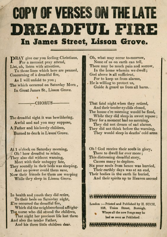 Esite, jossa on säkeet tulipalosta James Streetillä, Lisson Grovessa, Lontoossa tekijältä English School