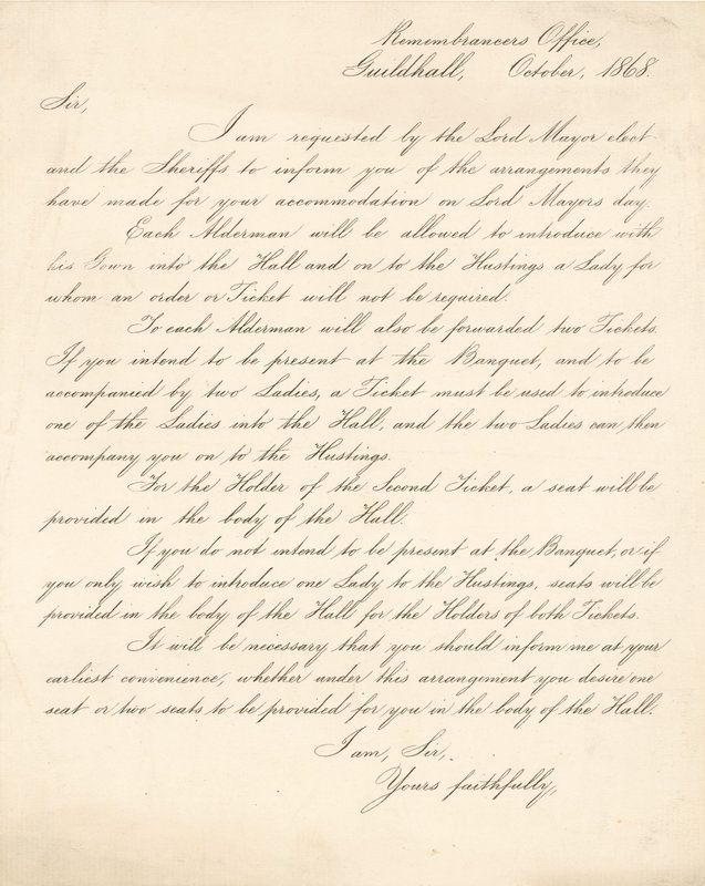 Kirje, jossa kerrotaan järjestelyistä Lontoon Guildhallissa 9. marraskuuta 1868 järjestettävän juhlaan tekijältä English School