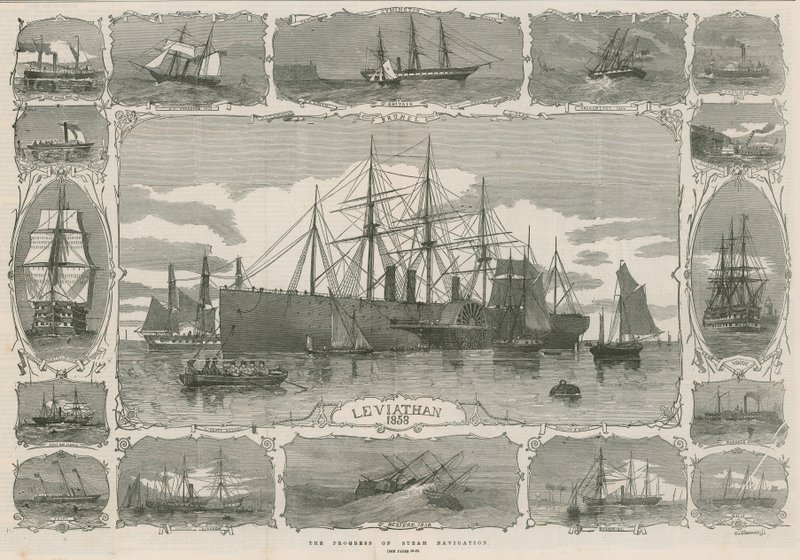 Leviatan 1858; montaasi kuvista, jotka osoittavat steam navin edistymistä tekijältä English School