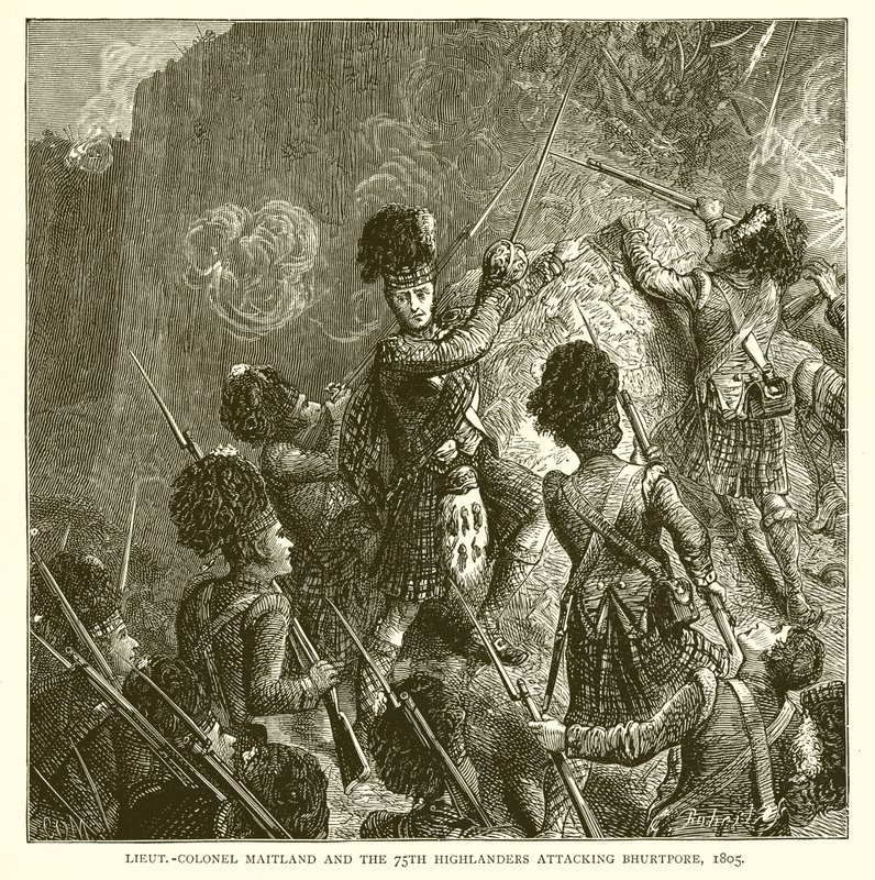 everstiluutnantti Maitland ja 75. Highlanders hyökkäämässä Bhurtporeen, 1805 tekijältä English School