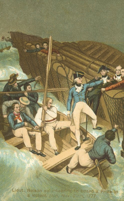 Luutnantti Horatio Nelson nousta palkintoon myrskyssä (värilitho) tekijältä English School