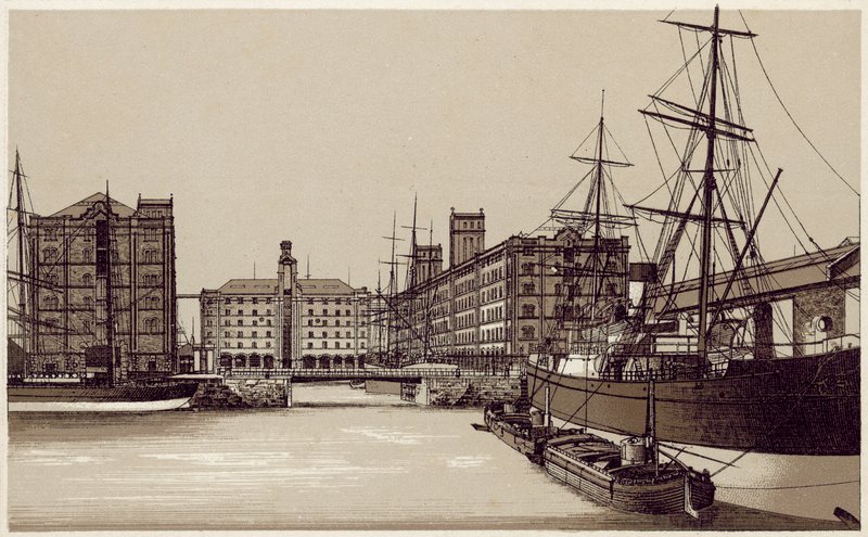 Liverpool: Waterloo Dock and Grain Warehouses (litografia). tekijältä English School