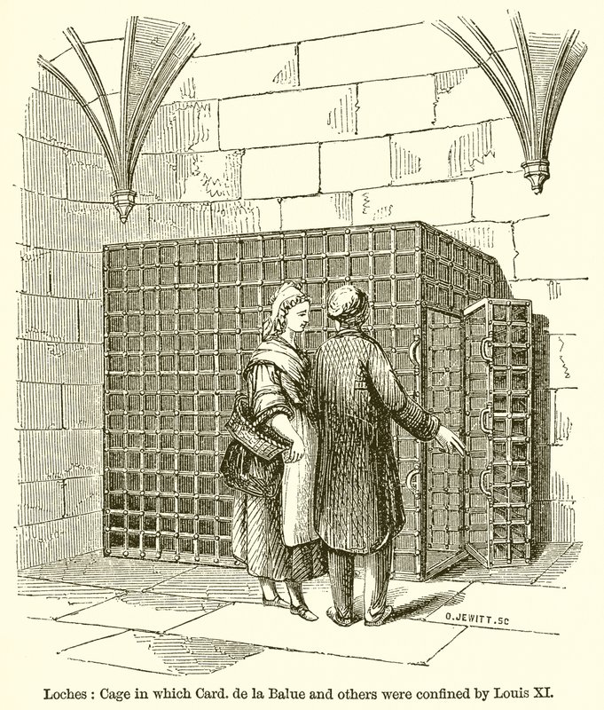 Loches: Häkki, jossa kortti. Ludvig XI rajoitti de la Baluun ja muita tekijältä English School