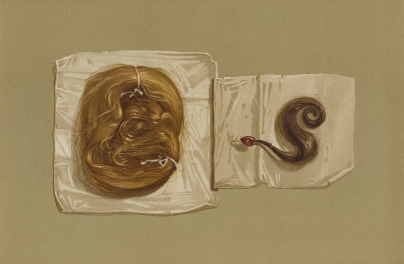 Marian Skotlannin kuningattaren hiuslohko, kuningas Kaarle I:n hiustuki (chromolitho) tekijältä English School