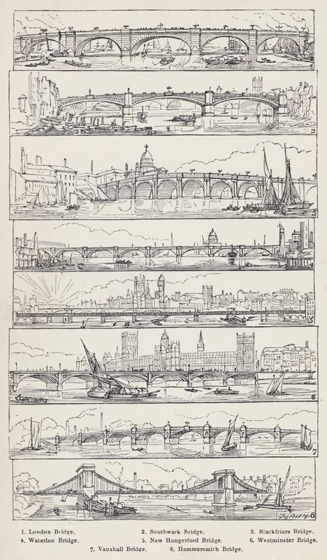 London Bridge, Southwark Bridge, Blackfriars Bridge, Waterloo Bridge, New Hungerford Bridge, Westminster Bridge, Vauxhall Bridge, Hammersmith Bridge (kaiverrus) tekijältä English School