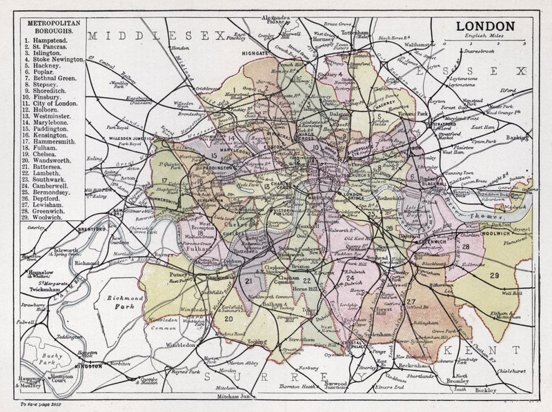 Lontoo, Metropolitan Boroughs (väri litho) tekijältä English School