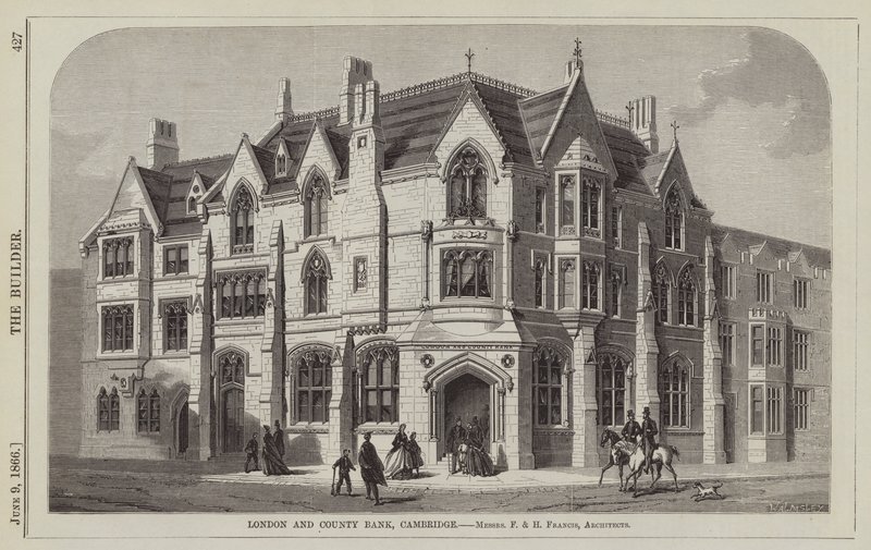London and County Bank, Cambridge, herrat F ja H Francis, arkkitehdit (kaiverrus) tekijältä English School