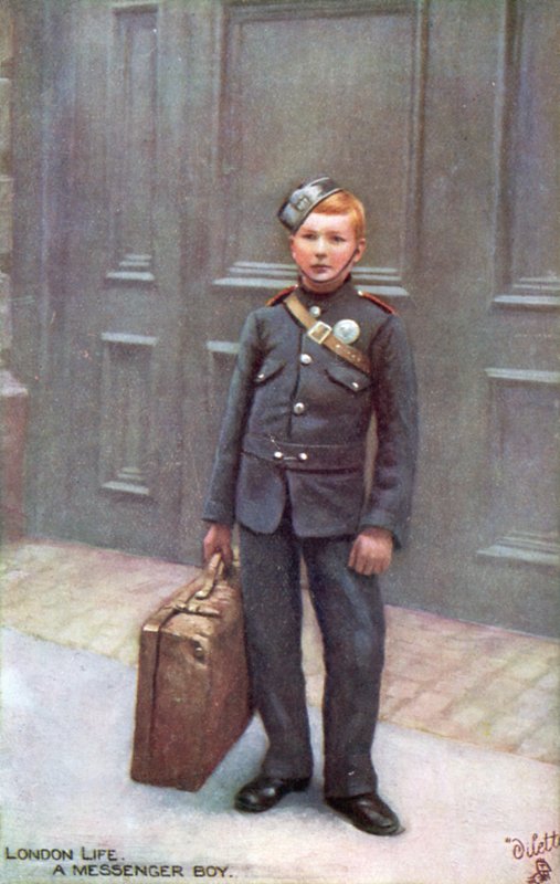 Lontoon sanansaattajapoika (väri litho) tekijältä English School