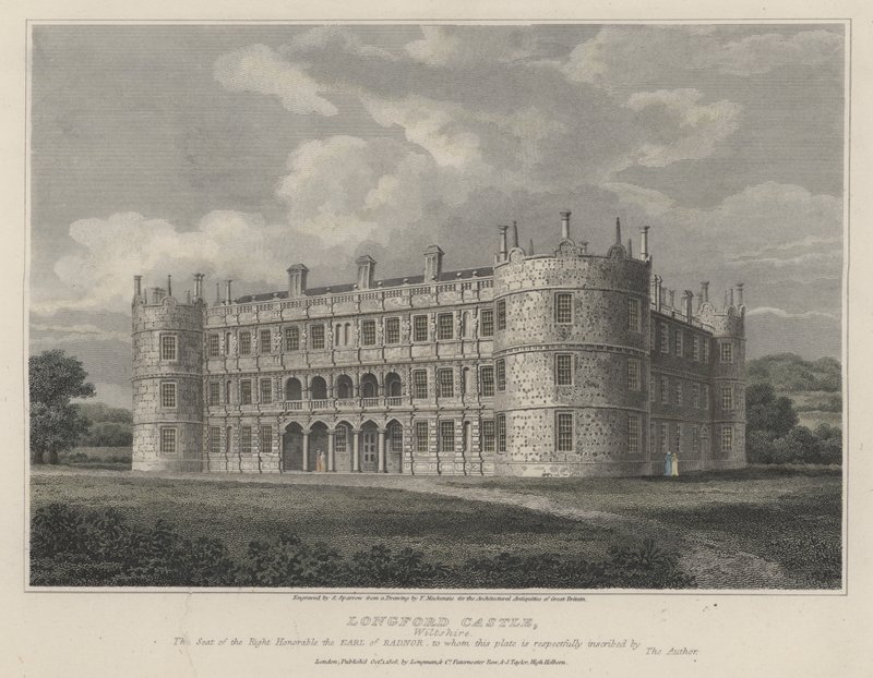 Longford Castle, Wiltshire, Earl of Radnorin kotipaikka (värillinen kaiverrus) tekijältä English School