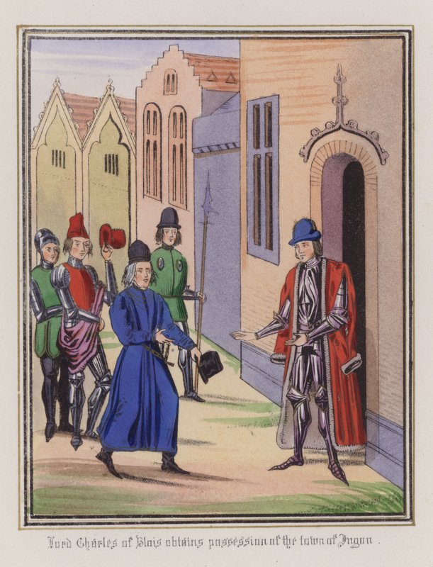 Lord Charles Of Blois saa haltuunsa Jugonin kaupungin (värillinen kaiverrus) tekijältä English School