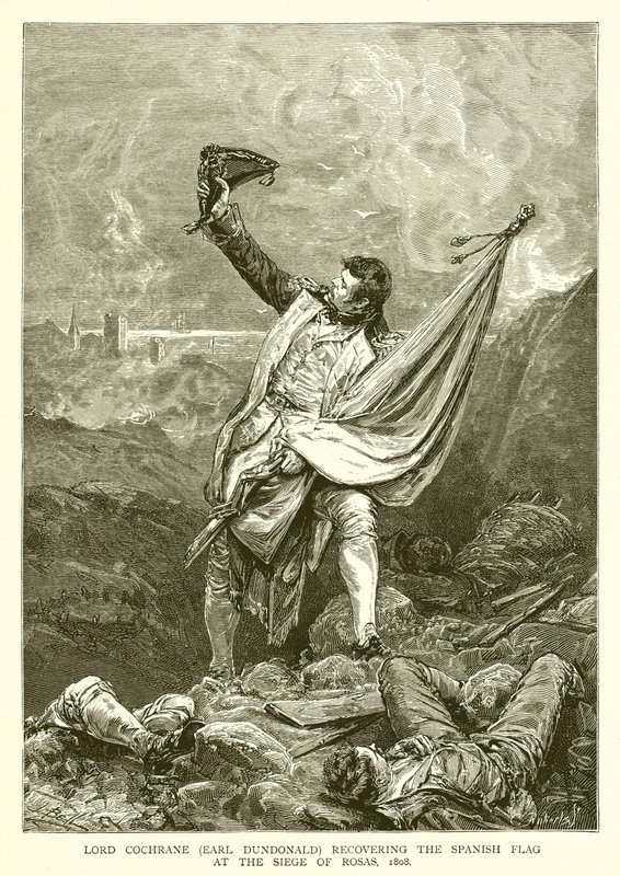 Lordi Cochrane (Earl Dundonald) palauttamassa Espanjan lipun Rosasin piirityksessä, 1808 tekijältä English School