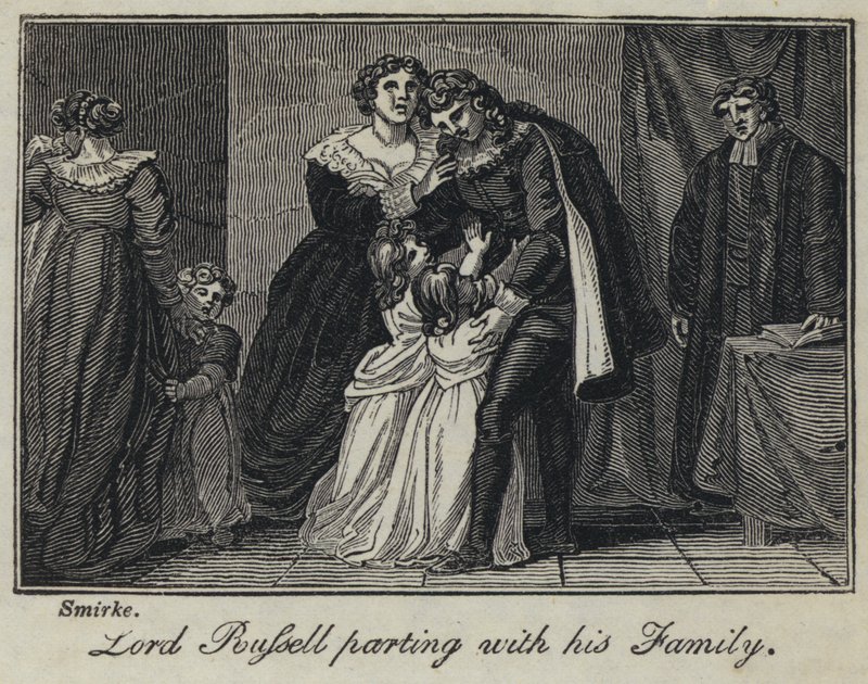 Lord Russell eroamassa perheestään (kaiverrus) tekijältä English School