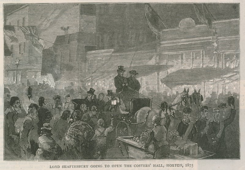 Lord Shaftesbury aikoo avata Costers Hallin Hoxtonissa Lontoossa, 1875 tekijältä English School