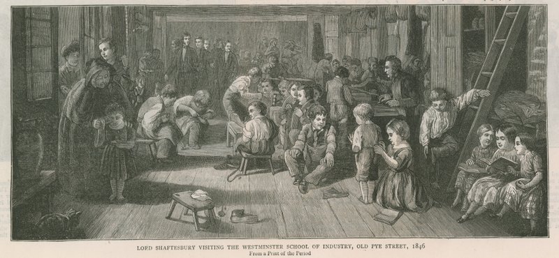Lord Shaftesbury vierailee Westminster School of Industryssa, Old Pye Street, Lontoo, 1846 tekijältä English School