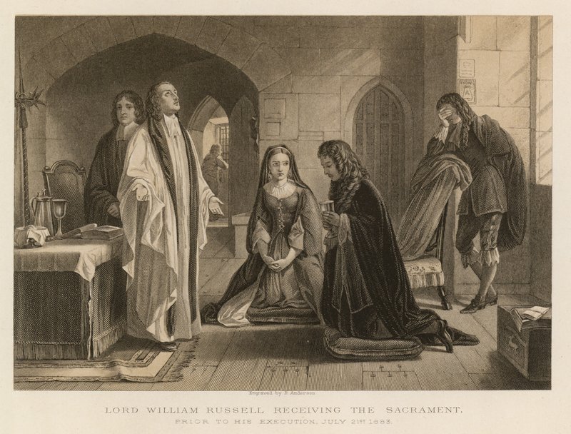 Lordi William Russell vastaanottamassa sakramentin ennen teloitustaan, 21. heinäkuuta 1683 (kaiverrus) tekijältä English School