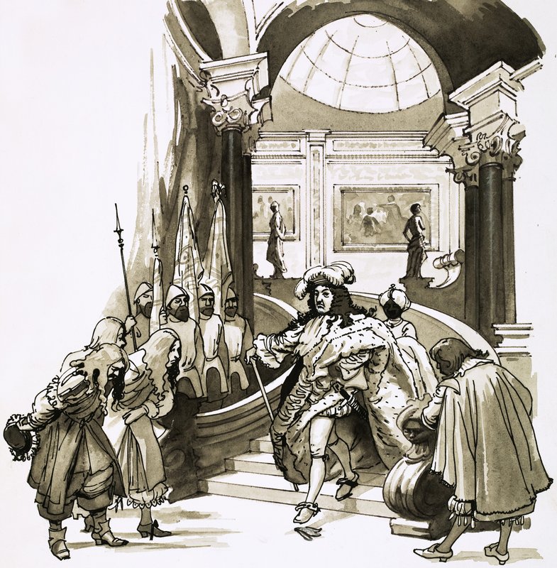 Ludvig XIV laskeutumassa portaita Versailles