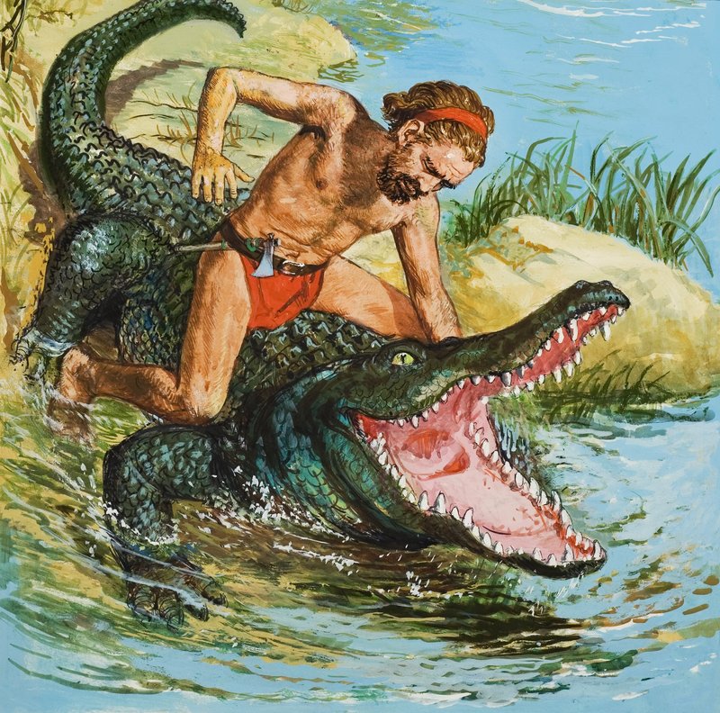 Louis, Desert Island Castaway, hyökkää krokotiilin kimppuun (guassi paperille). tekijältä English School
