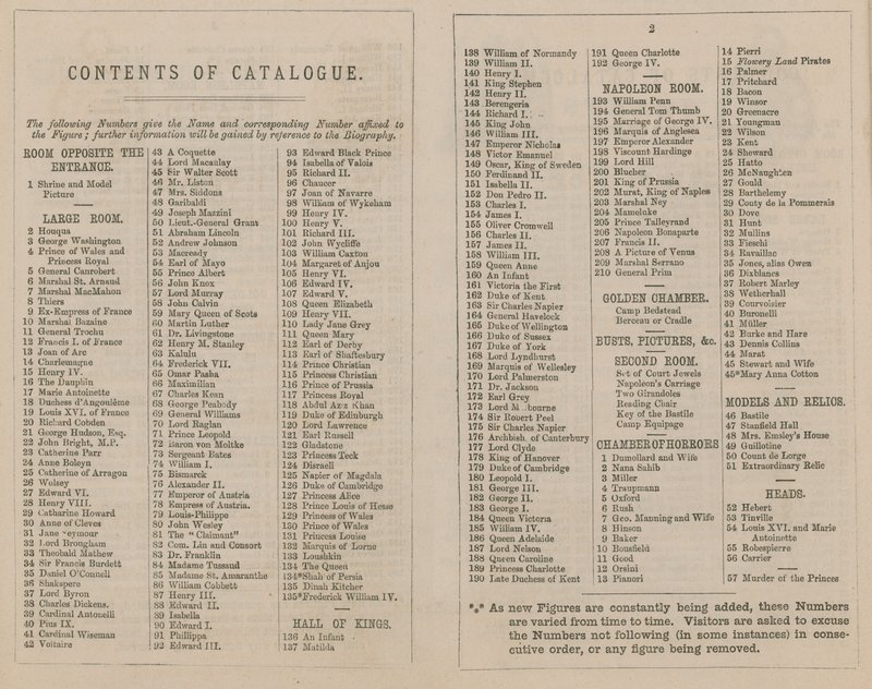 Madame Tussaud & Sons -näyttelyluettelo vuodelta 1875 tekijältä English School