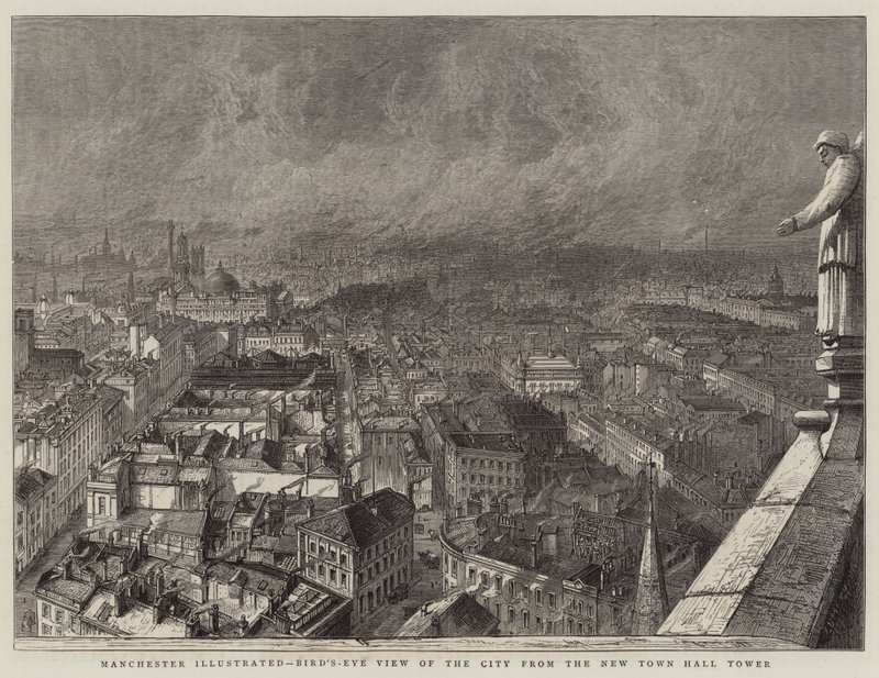 Manchester Illustrated, Lintuperspektiivistä kaupungin uudesta kaupungintalon tornista (kaiverrus) tekijältä English School