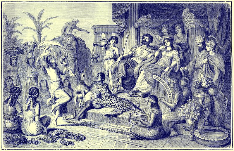 Myöhemmän Kreikan tavat ja tavat - juhlava kotitalous, kuvitus The Illustrated History of the World -julkaisusta, julkaistu n. 1880 (digitaalisesti paranneltu kuva) tekijältä English School