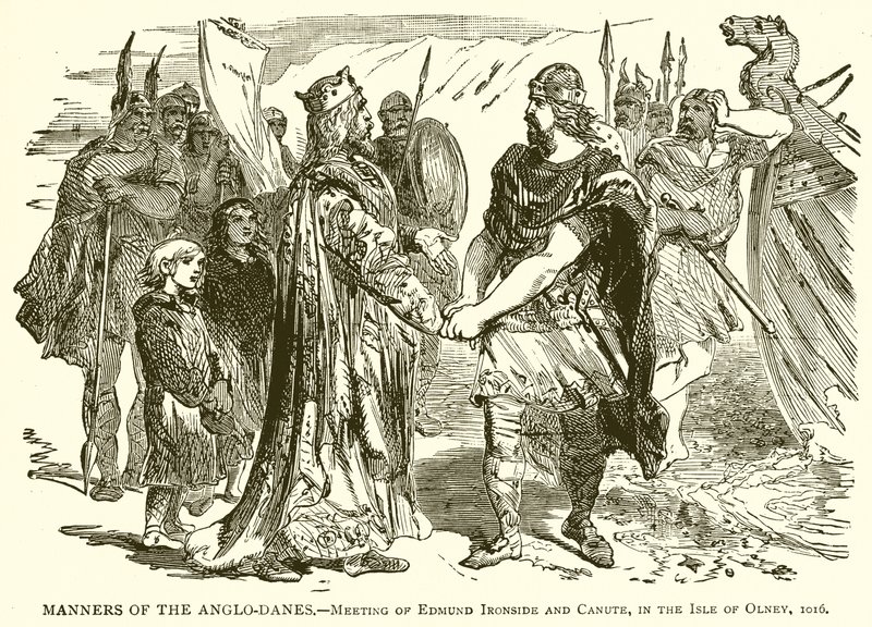 Anglo-tanskalaisten tavat. - Edmund Ironsiden ja Canuten tapaaminen Olneyn saarella, 1016 tekijältä English School