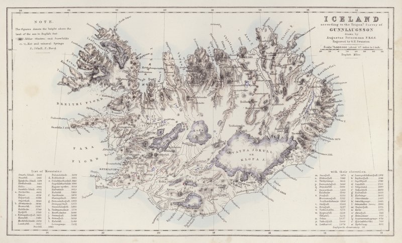 Kartta: Gunnlaugssonin Trigon Survey of Gunnlaugssonin mukaan Augustus Petermannin piirtämä Islanti (värilitro). tekijältä English School