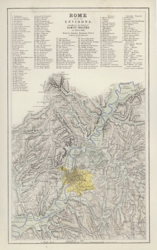 Kartta: Rooma ympäristöineen, Baron Moltken selvityksen mukaan, vuosina 1845 ja 1846, piirtänyt Augustus Petermann (väri litho) tekijältä English School