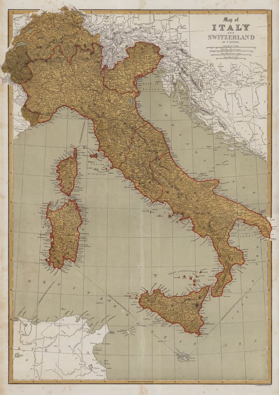 Italian ja Sveitsin kartta (väri litho) tekijältä English School