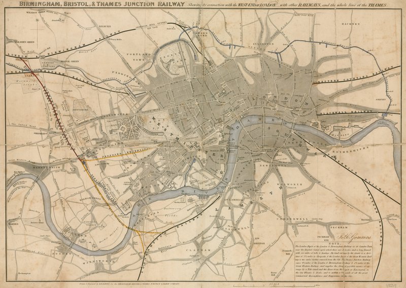 Lontoon kartta, joka näyttää Birminghamin, Bristolin ja Thames Junctionin rautatien, 1839 tekijältä English School