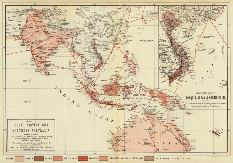 Kaakkois-Aasian ja Pohjois-Australian kartta; Tonquinin, Annamin ja Cochinin Kiinan suurennettu kartta (värikuva) tekijältä English School