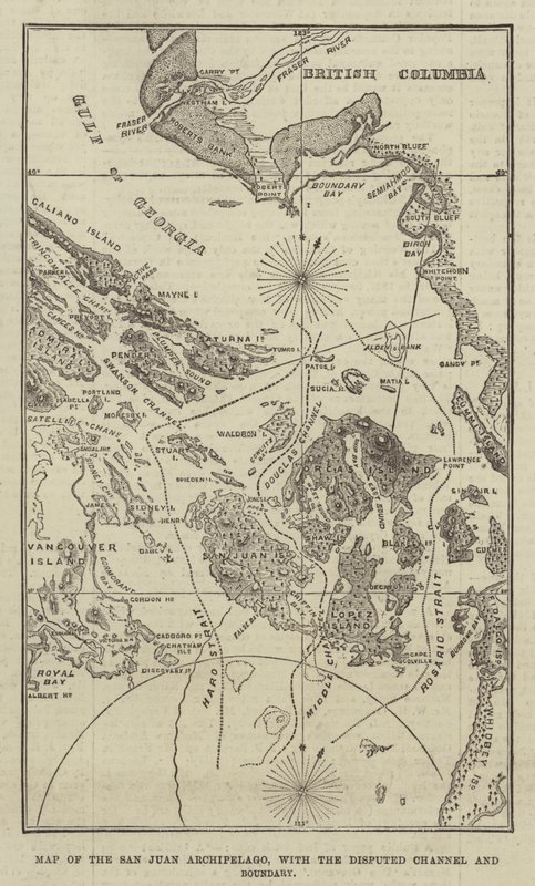 San Juanin saariston kartta, jossa kiistanalainen kanava ja raja (kaiverrus) tekijältä English School