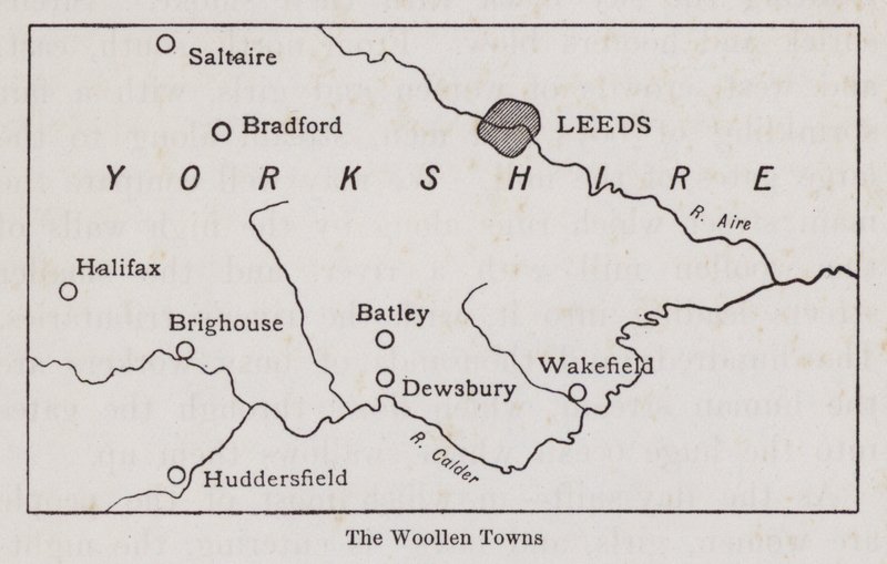 Kartta, joka näyttää Yorkshiren villakaupungit (litho) tekijältä English School