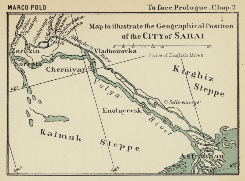 Sarain kaupungin maantieteellistä sijaintia kuvaava kartta (litografia) tekijältä English School