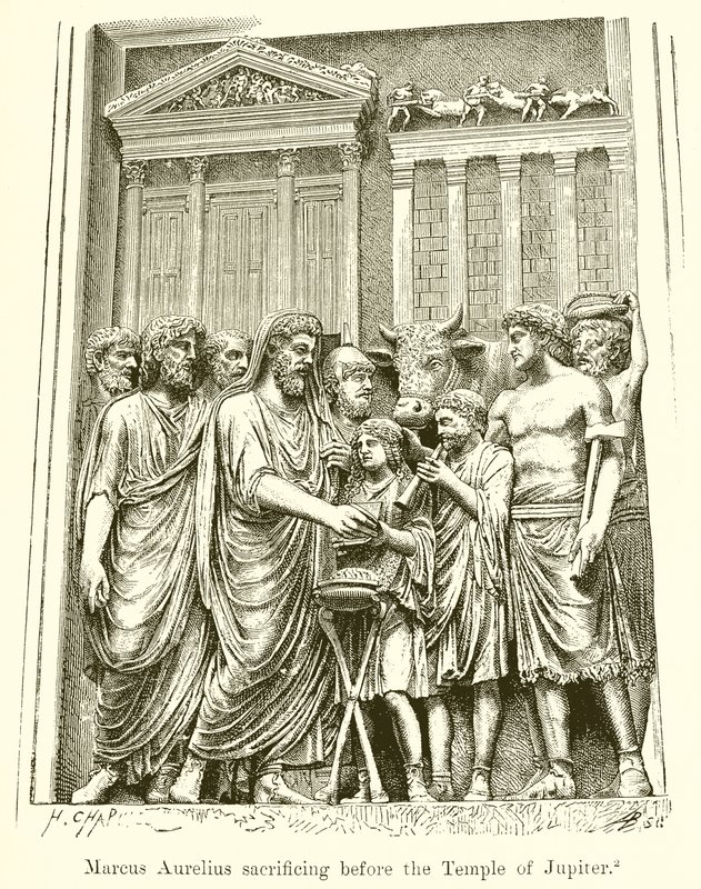Marcus Aurelius uhraamassa Jupiterin temppelin edessä tekijältä English School